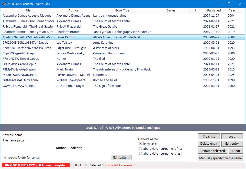 This is what an unregistered copy of the program looks like - there is a registration reminder and a counter of files remaining for renaming.